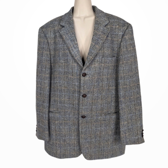 HARRIS TWEED Vintage Virgin Wool Herringbone Elbow Patch Blazer - Picture 1 of 14